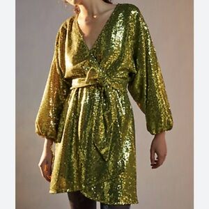 Anthropologie Lime Green Sequin Wrap Dress